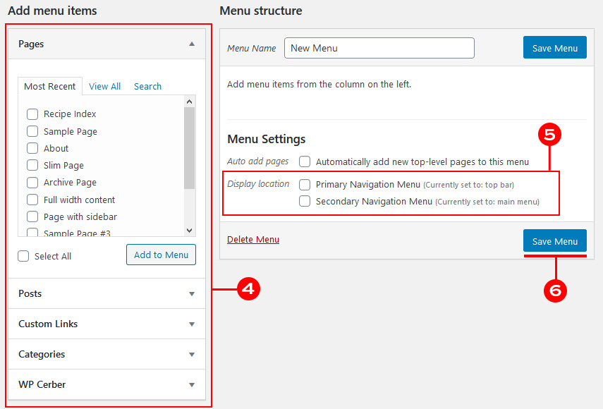 Adding buttons and setting display location for a new WordPress menu