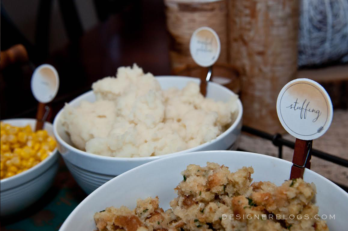 Stuffing and other dishes decorated with our free printable thansgiving food labels