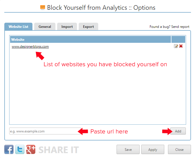 block yourself from analytics options
