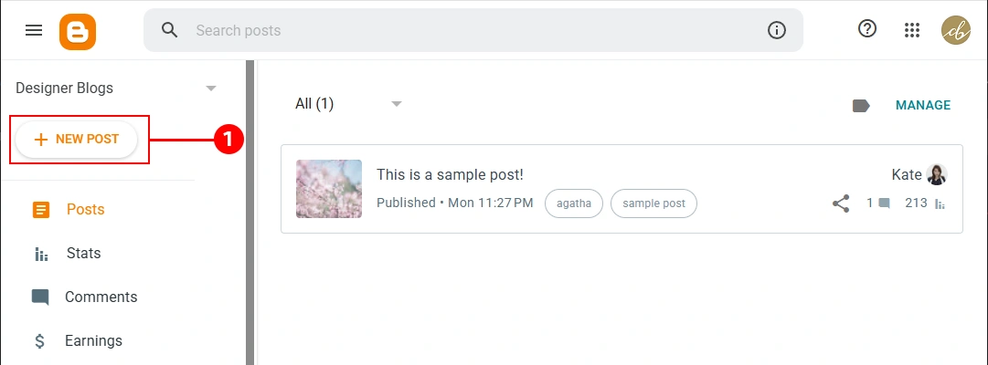 Blogger dashboard showing how to use Blogger and create a new post by clicking the New Post button.