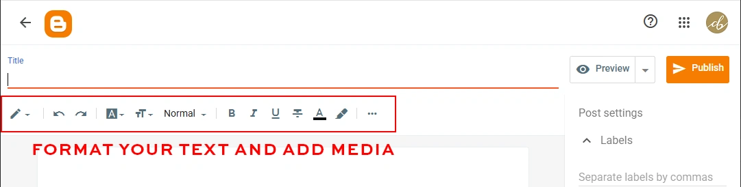 Blogger post editor toolbar highlighted in a red box to showcase text formatting and media tools.