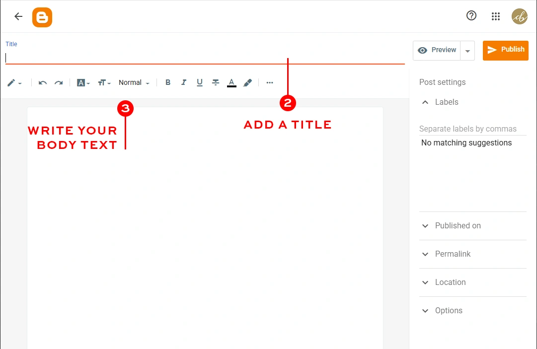 Blogger post editor interface showing where to add a post title and write your body text.