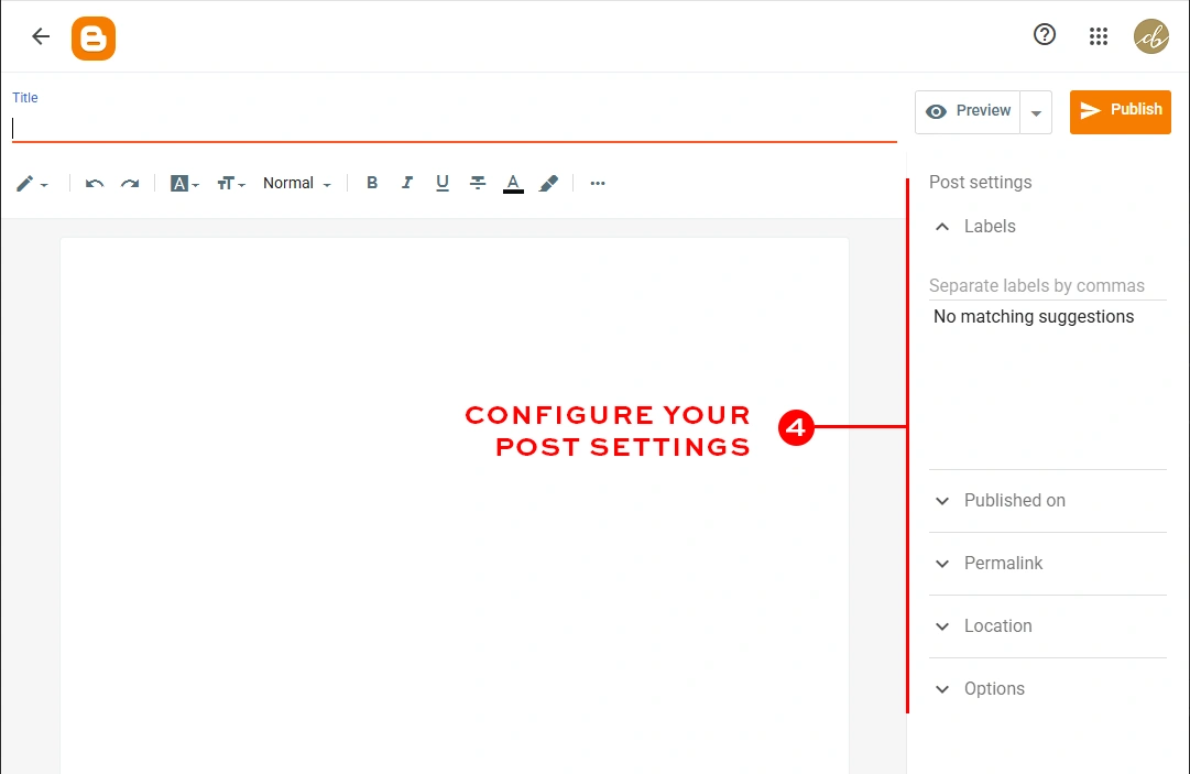The Blogger Post Settings sidebar on the right side of the dashboard editor, featuring options like Labels, Published on, and Permalink.