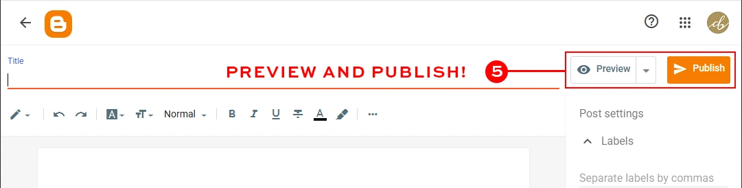 The Preview button and orange Publish button highlighted in a red box at the top right of the Blogger post editor.