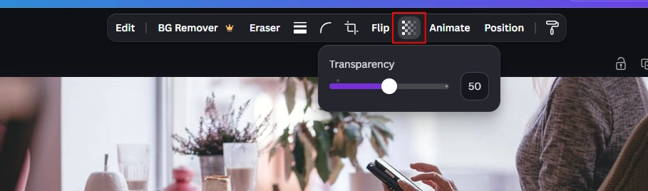 Canva editor toolbar highlighting the checkerboard transparency icon with the opacity slider set to 50 percent.