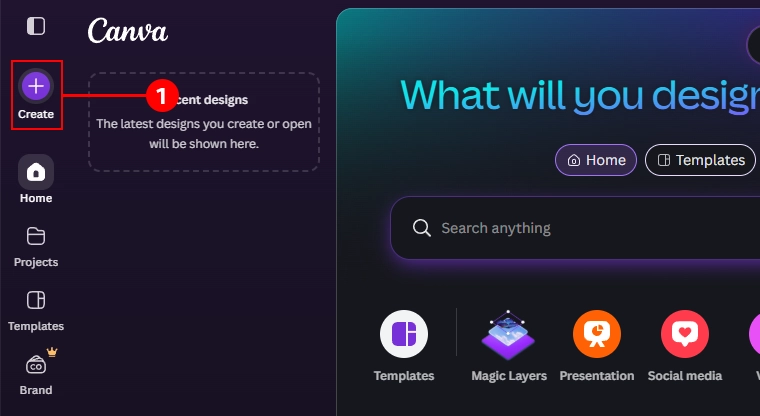 Canva dashboard showing a red box highlighting the Create plus button on the left sidebar.