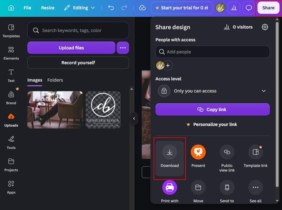 Canva editor view showing the Share button highlighted in the top right corner and the Download icon highlighted in the drop-down menu.