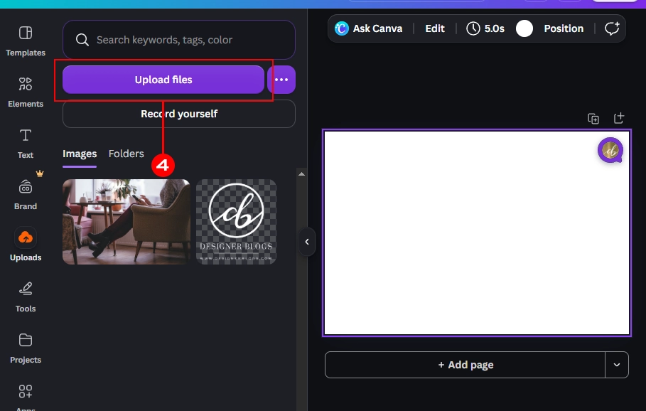 Canva editor editor view highlighting the purple Upload files button inside the Uploads sidebar tab.