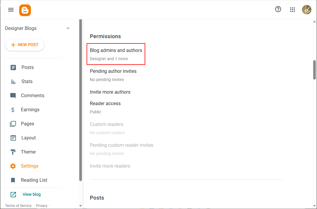 Blog admins and authors menu open in Blogger settings showing the contributor list