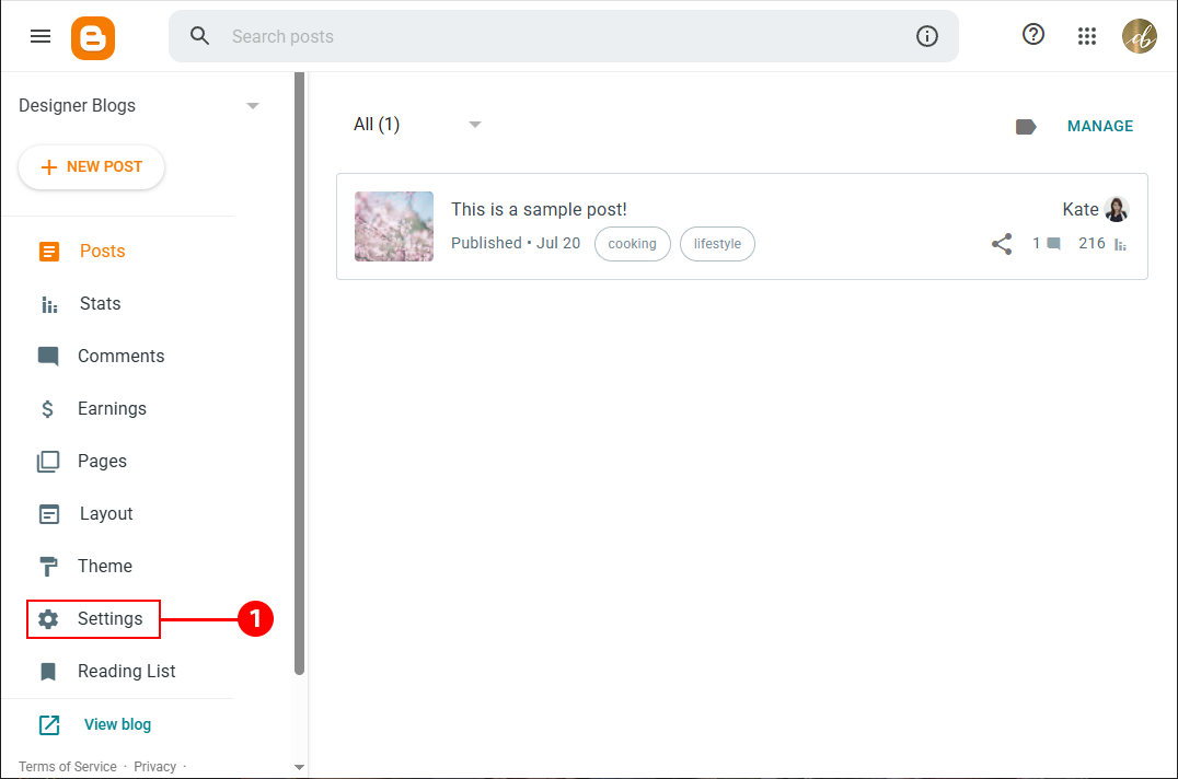 Blogger dashboard sidebar with the Settings menu highlighted for granting blog access