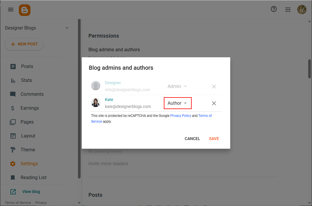 Blogger drop-down menu switching a user role from Author to Admin