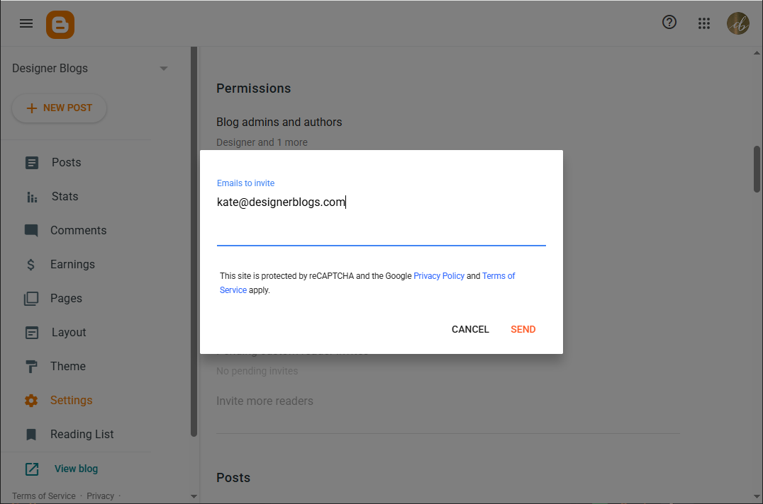 Pop-up window in Blogger to enter an author email address and send an invite
