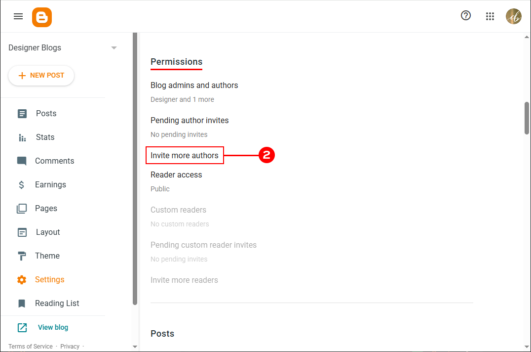 Blogger Permissions settings showing the Invite more authors button highlighted