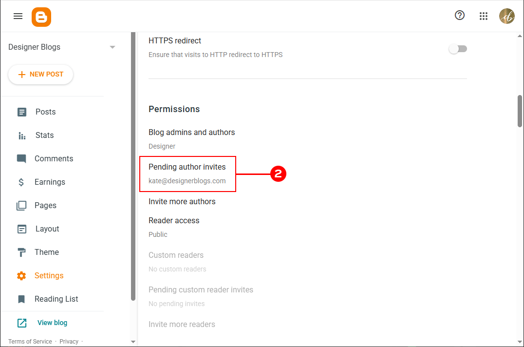 Pending author invites list in Blogger dashboard while waiting to grant access to a blog
