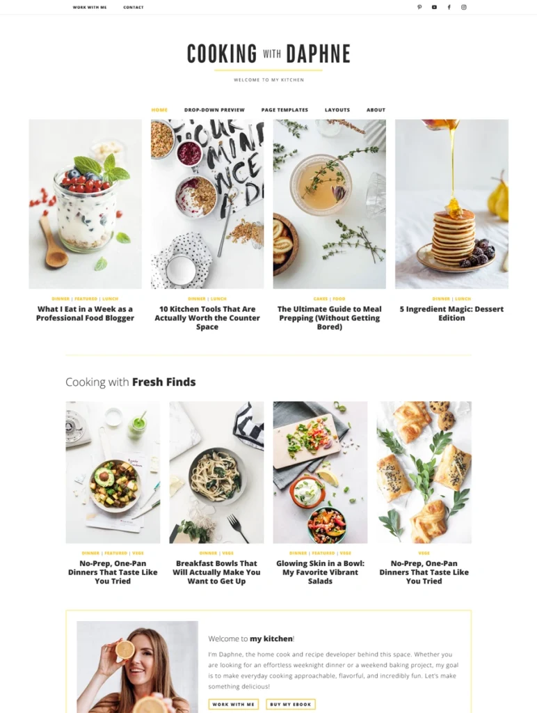 A clean and modern WordPress theme homepage designed for food bloggers, featuring the title "Cooking with Daphne" and including blog posts about recipes and meal prepping, as well as a brief author bio section.
