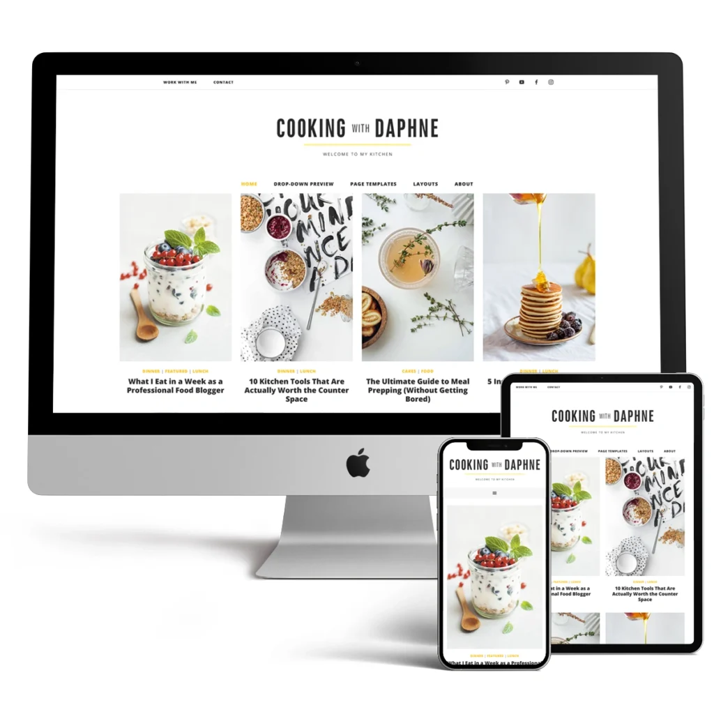 Daphne food blog WordPress theme homepage layout displaying vertical recipe grids and an elegant culinary aesthetic.