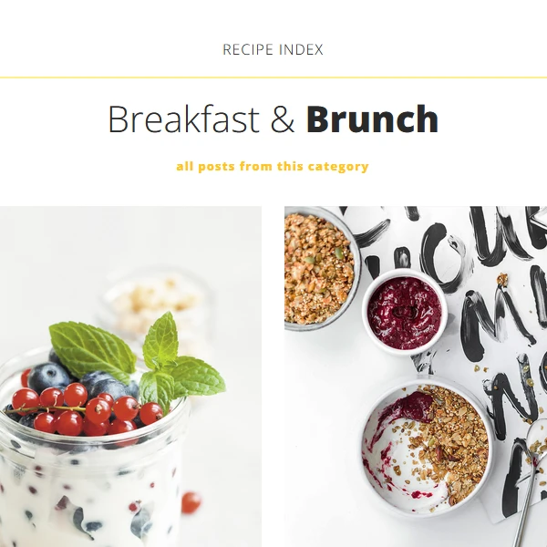A custom recipe index page template on a modern food blog WordPress theme for easy dish sorting.