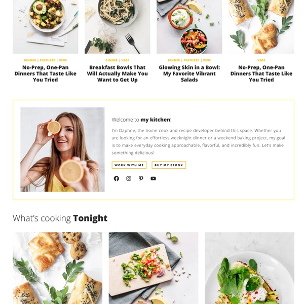 An integrated homepage bio section on a culinary website template designed for personal branding.