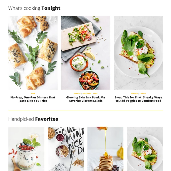 A food blog homepage displaying flexible 3-column and 4-column category grids for recipe organization.