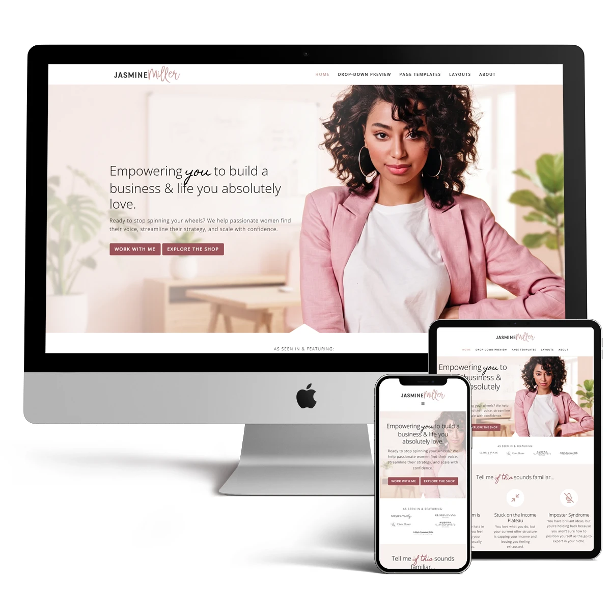 Jasmine elegant WordPress theme for coaches displayed on a desktop iMac, iPad, and iPhone mockup to show responsive design.