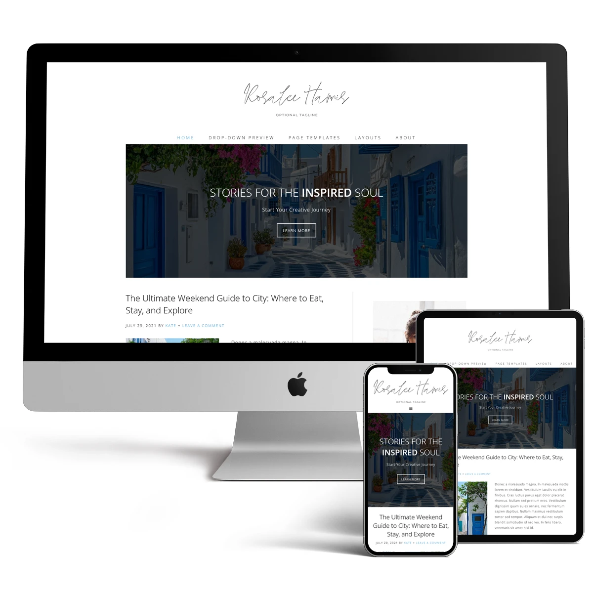 An elegant travel blog template displayed on laptop and smartphone screens showcasing a feminine aesthetic website design.
