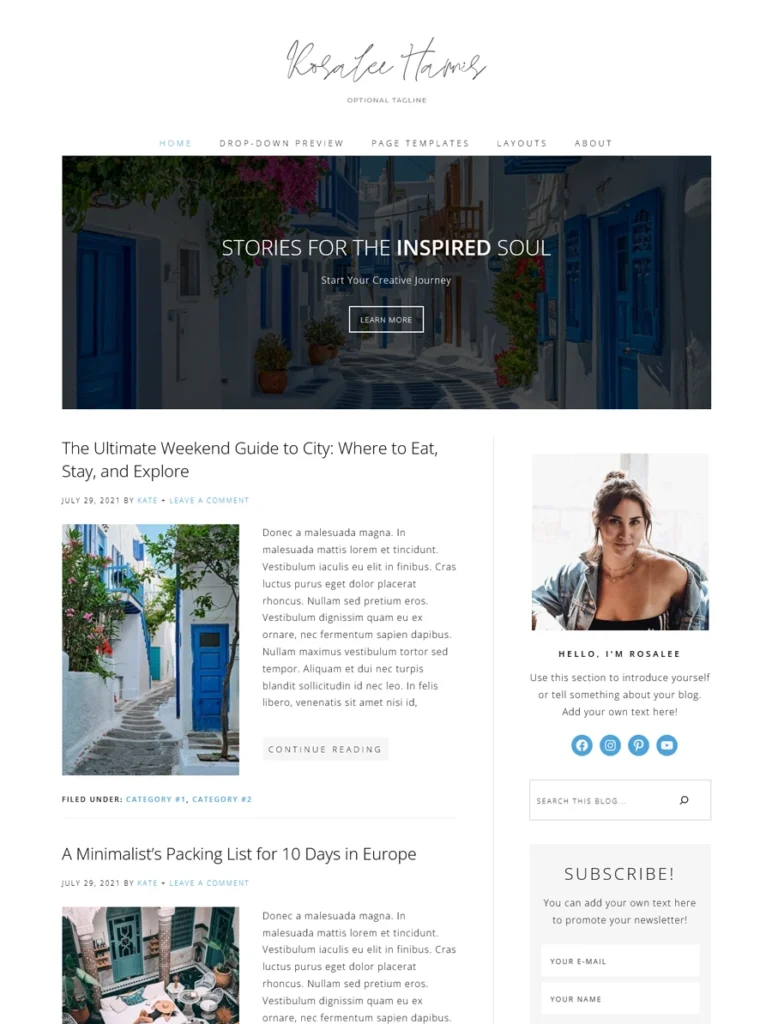 A preview of the Rosalee WordPress theme homepage featuring a chic editorial layout