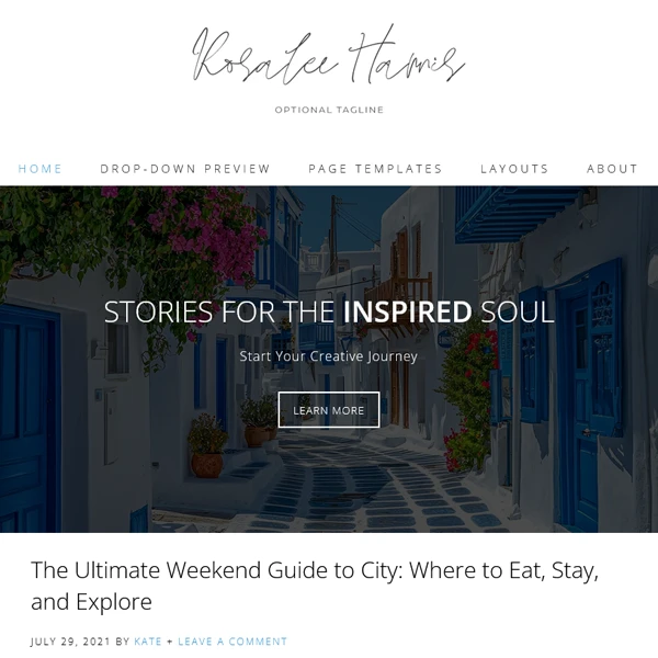 The customizable hero banner layout on the Rosalee WordPress theme, designed for showcasing signature creative editorial content.