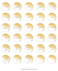 Full printable sheet of 28 circular Thanksgiving food labels featuring handwritten calligraphy for classic dishes like turkey, mashed potatoes, stuffing, and pumpkin pie, along with blank customizable tags.