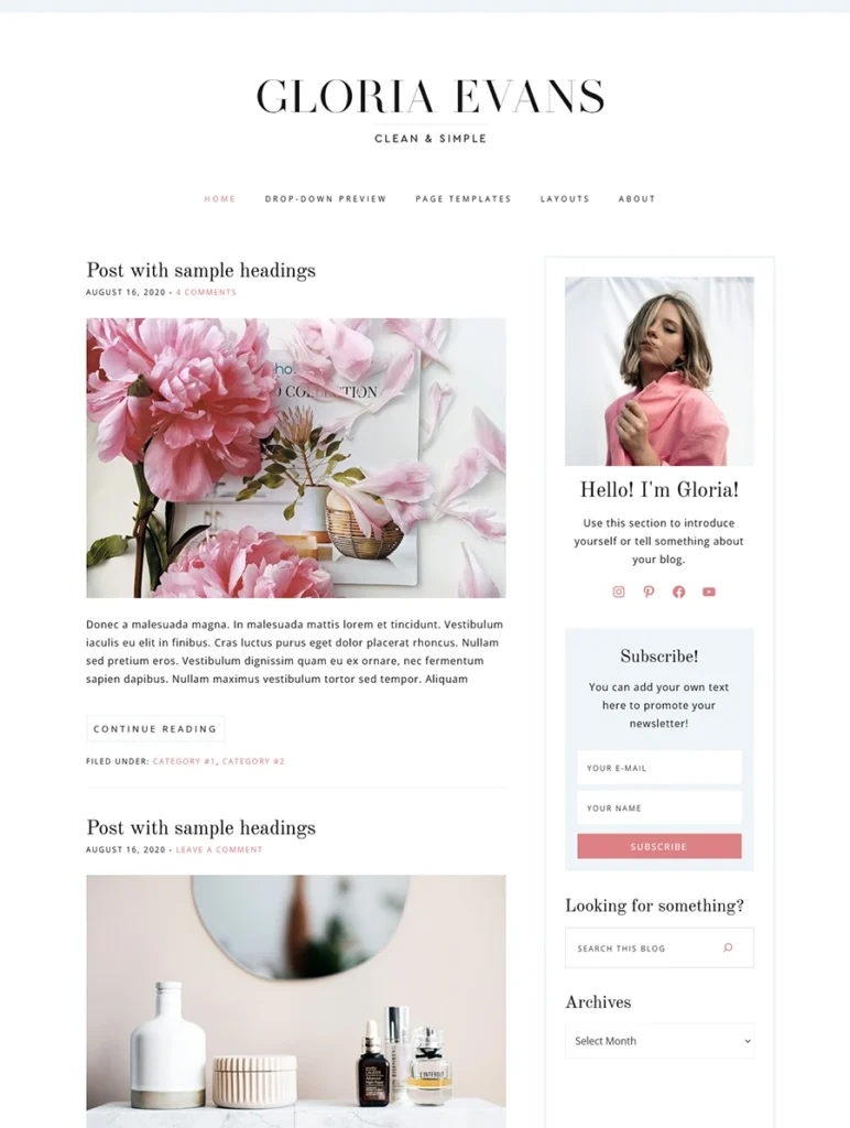 Close-up view of the elegant typography, clean spacing, and post excerpts in the Gloria WordPress blog theme.