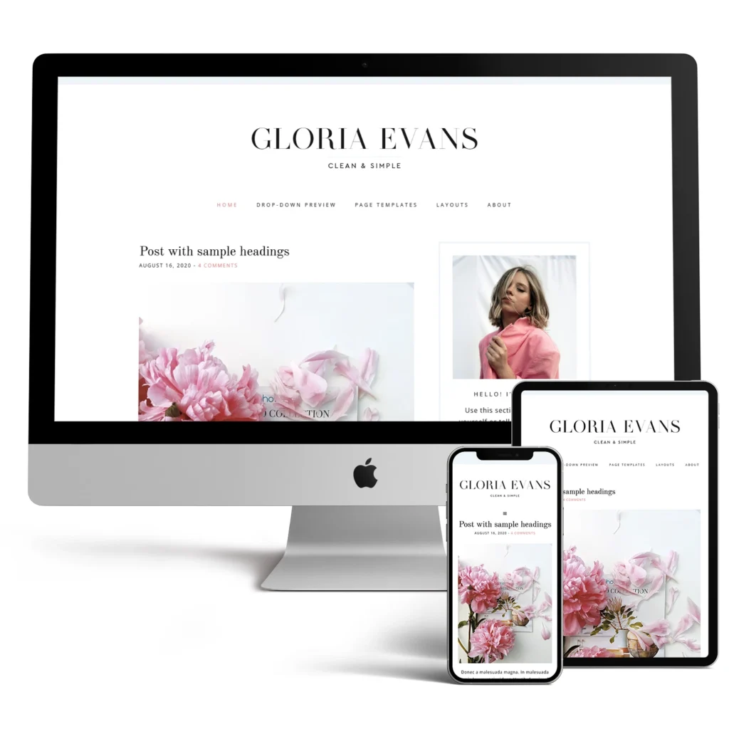 Gloria WordPress theme live demo showing a clean lifestyle blog layout with pink peonies and elegant serif typography.