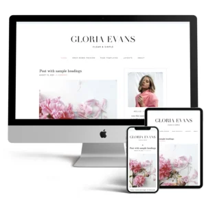 Gloria WordPress theme live demo showing a clean lifestyle blog layout with pink peonies and elegant serif typography.