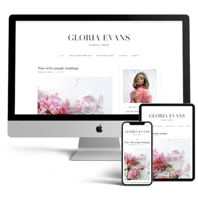 Gloria WordPress theme live demo showing a clean lifestyle blog layout with pink peonies and elegant serif typography.