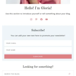 Close-up of the clean sidebar newsletter subscription box and minimalist social media icons in the Gloria WordPress theme.