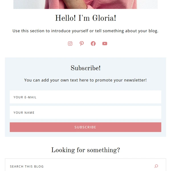Close-up of the clean sidebar newsletter subscription box and minimalist social media icons in the Gloria WordPress theme.
