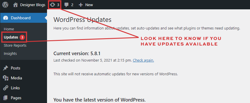 How to find updates in your WordPress Dashboard
