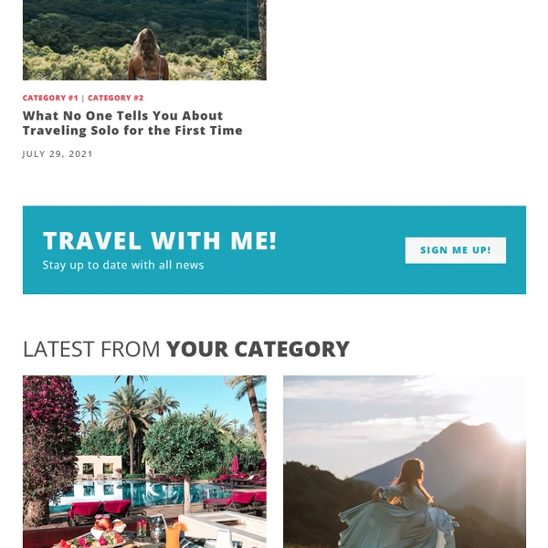 A bold horizontal newsletter subscription form integrated directly into the blog feed to grow your subscriber base.