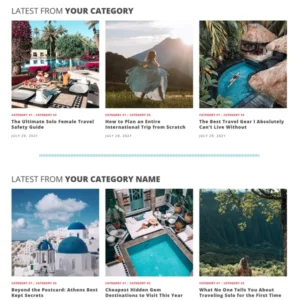 A multi-category magazine grid layout on an adventure blog theme showcasing clean content organization to establish authority.