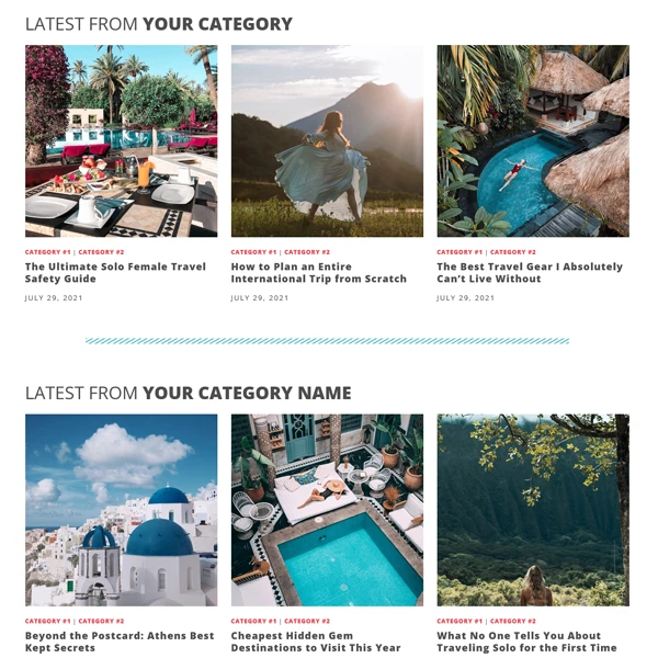 A multi-category magazine grid layout on an adventure blog theme showcasing clean content organization to establish authority.