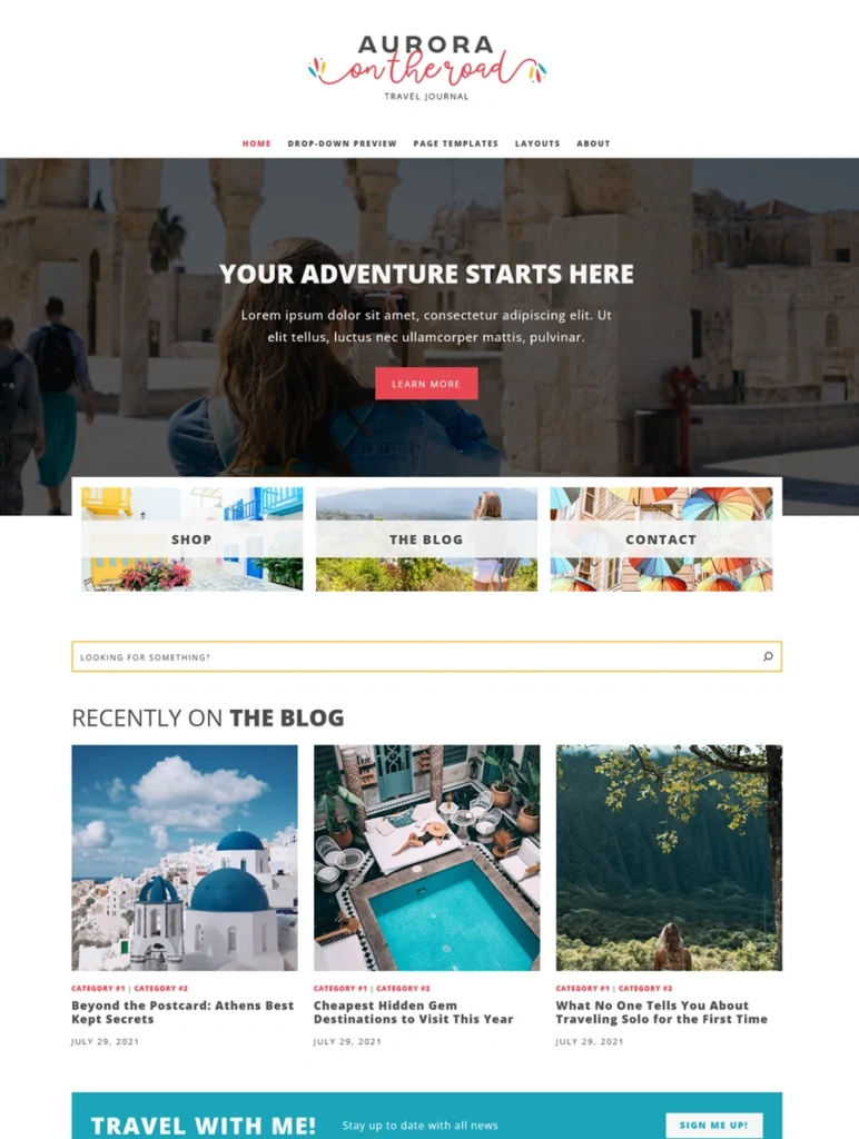 A modern travel blog template homepage featuring a bold hero image banner with a call-to-action button, custom category navigation blocks, and a structured magazine grid layout.
