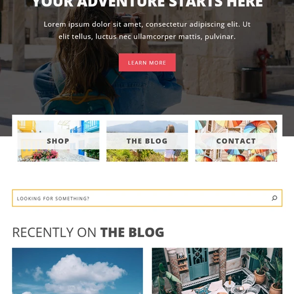 Top navigation shortcut blocks on a modern travel blog template designed to drive instant traffic to key category pages.