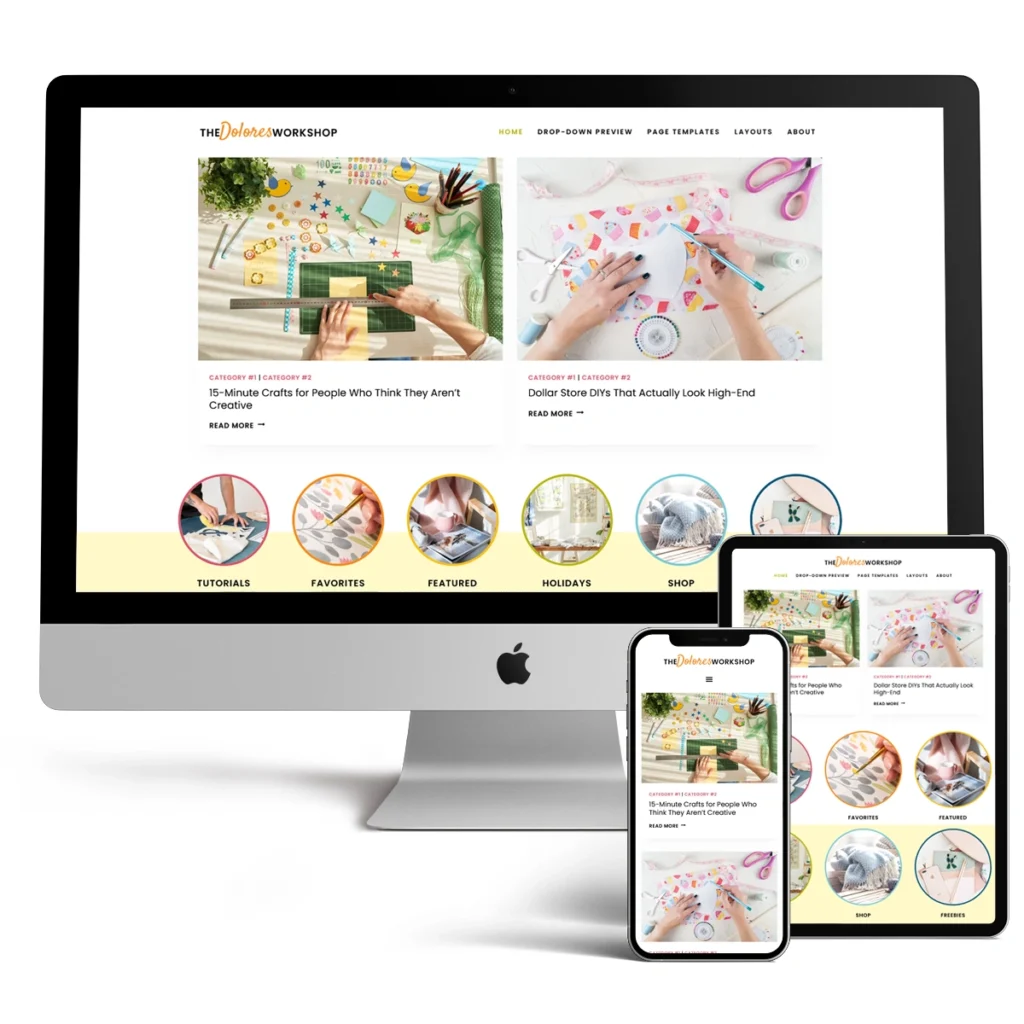 The Dolores craft and DIY WordPress theme displayed responsively across a desktop computer, tablet, and mobile smartphone screen.