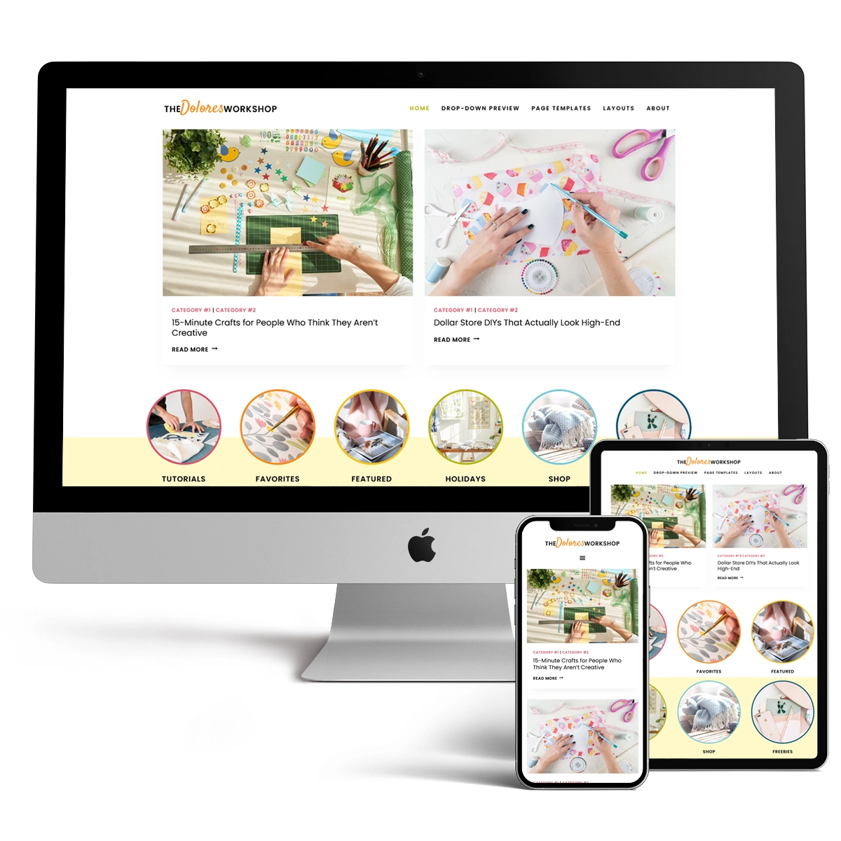 The Dolores craft and DIY WordPress theme displayed responsively across a desktop computer, tablet, and mobile smartphone screen.