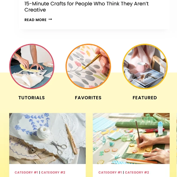 Dolores craft blog WordPress theme homepage layout displaying circular category icons, yellow scallop-bordered post grids, and a creative DIY aesthetic.