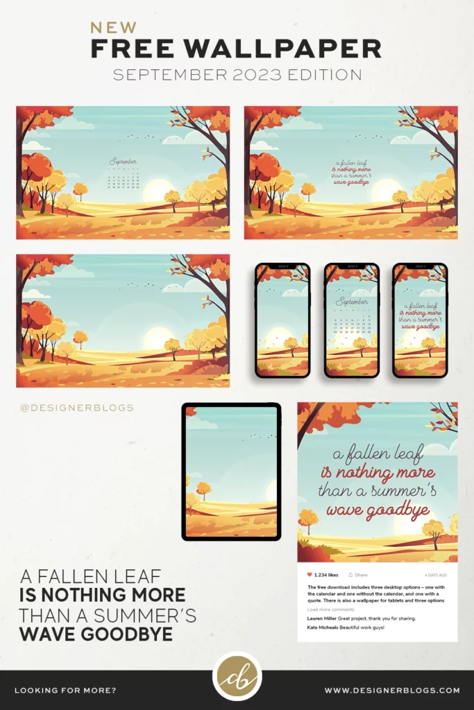 Free September 2023 Wallpaper & Instagram quote featuring autumn landscape with falling leaves