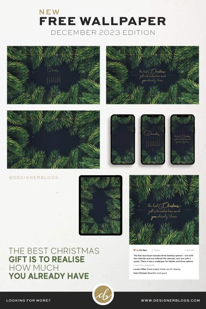 Free December 2023 Wallpaper & Instagram quote with green Christmas tree branches
