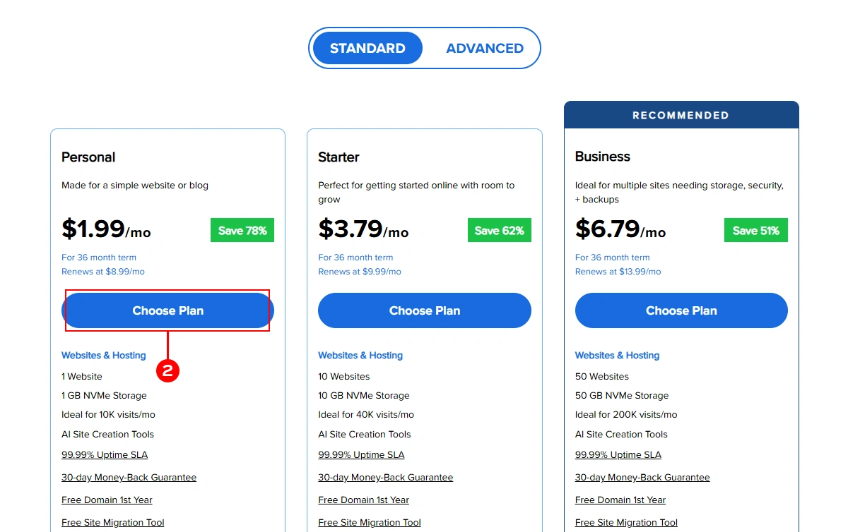 Step 2 - Select a plan