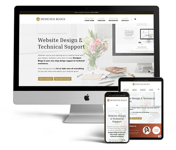 Mockup of a custom WordPress website design by Designer Blogs displayed on a desktop iMac, iPad, and iPhone screen
