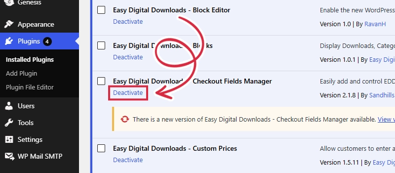 A screenshot showing where to click deactivate on a WordPress plugin to test for a layout conflict.
