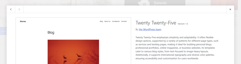 A layout preview of the default WordPress Twenty-Twenty Five theme options used for debugging website formatting issues.