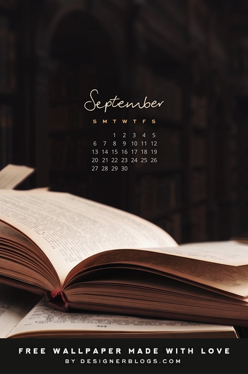 Open books in a dark moody library desktop wallpaper with September 2026 calendar overlay.